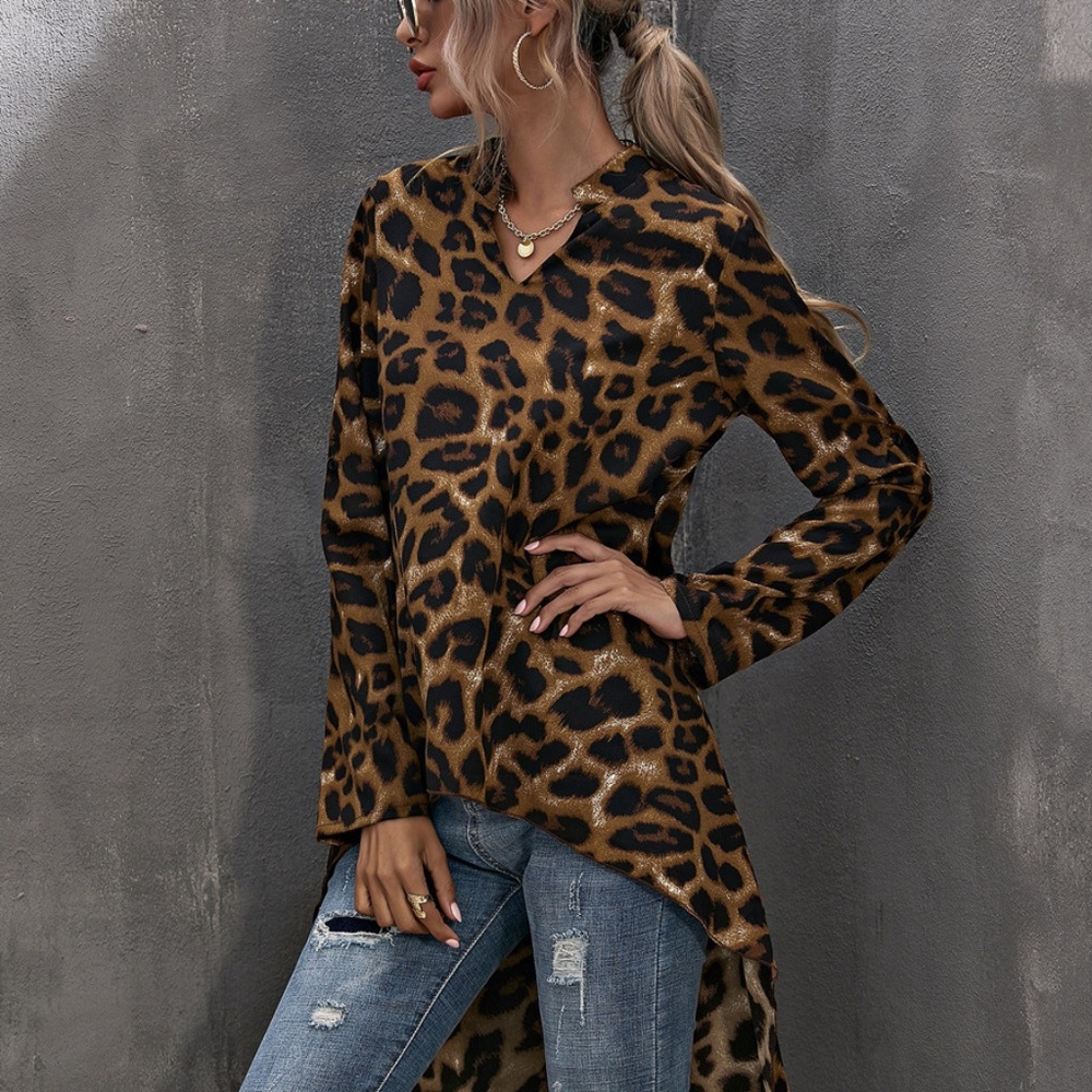 Khaki Black Leopard Animal Print High Low Tunic top - Picture 3 of 13